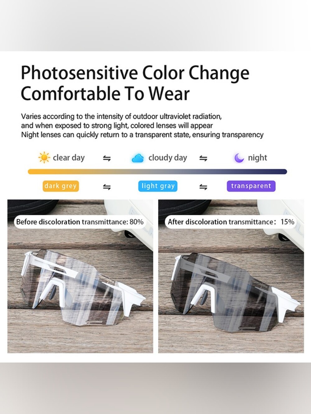 Photosensitive Sport Shield UV400 Bike Goggles - White or Black Frame